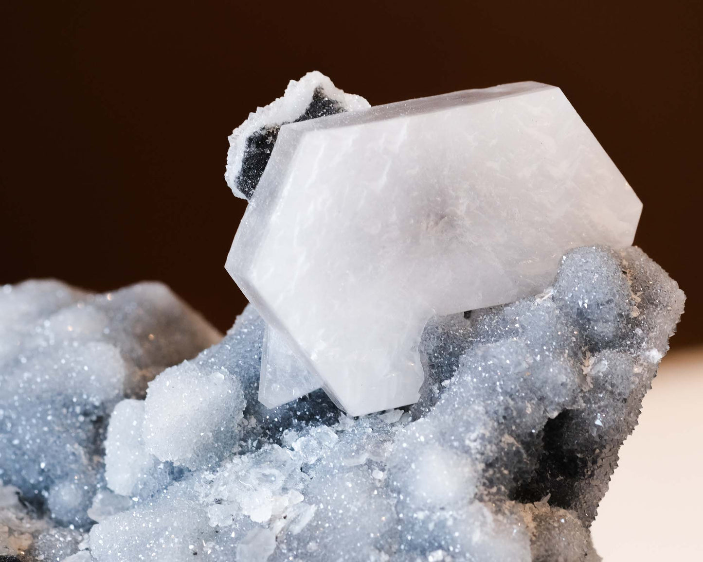 Fluorite & Calcite on Druzy Quartz Specimen