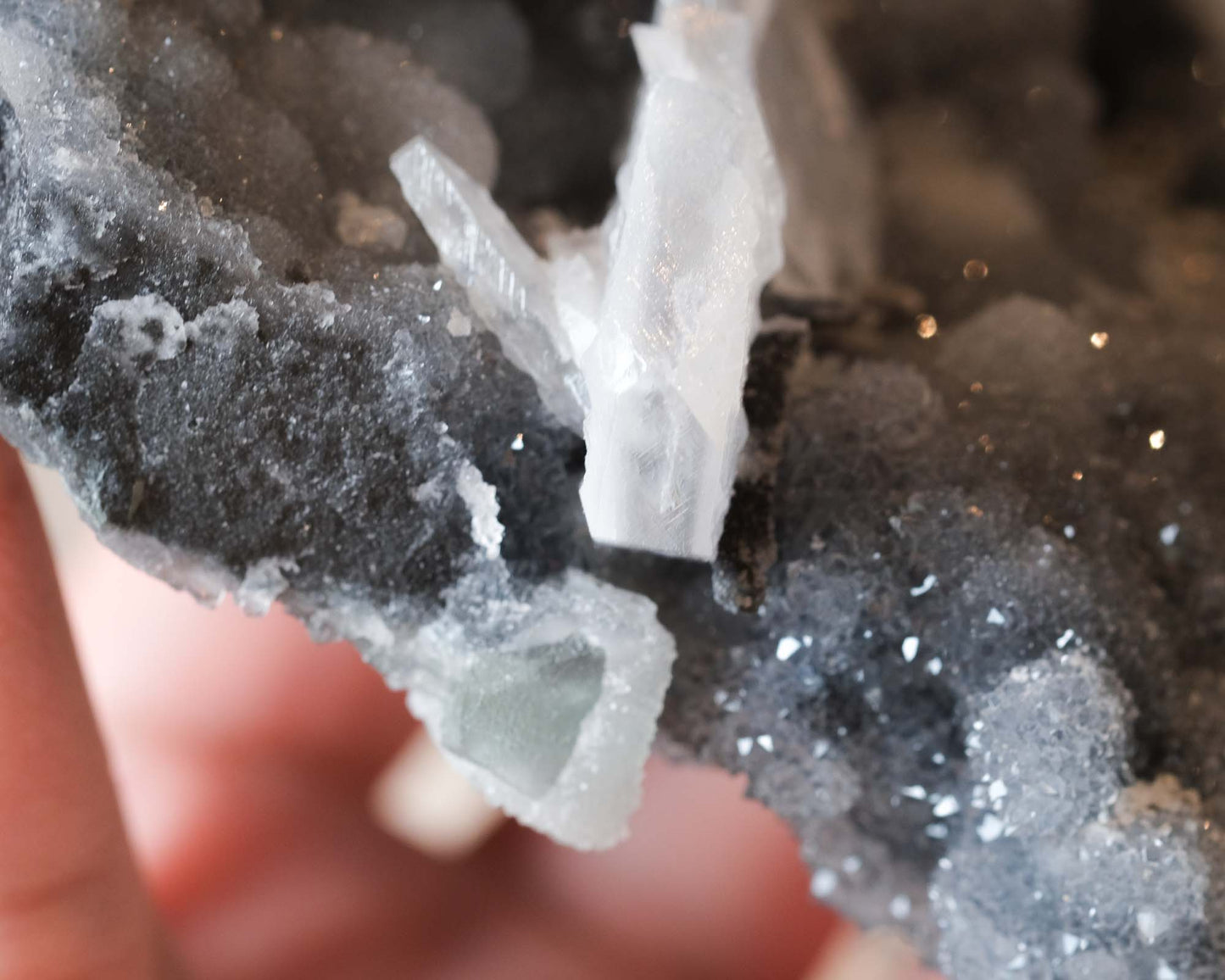 Fluorite & Calcite on Druzy Quartz Specimen