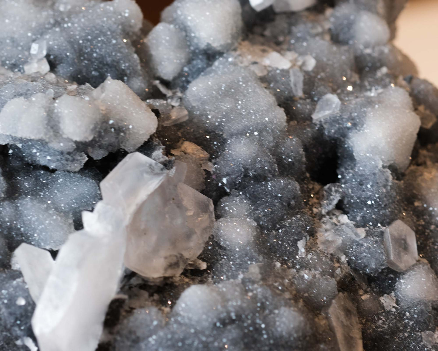 Fluorite & Calcite on Druzy Quartz Specimen