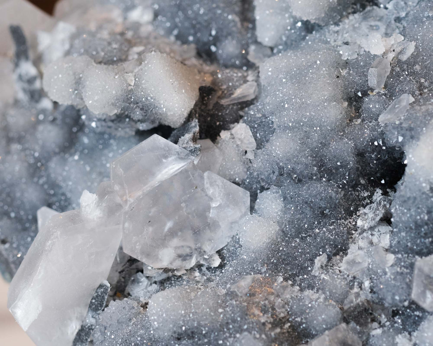 Fluorite & Calcite on Druzy Quartz Specimen