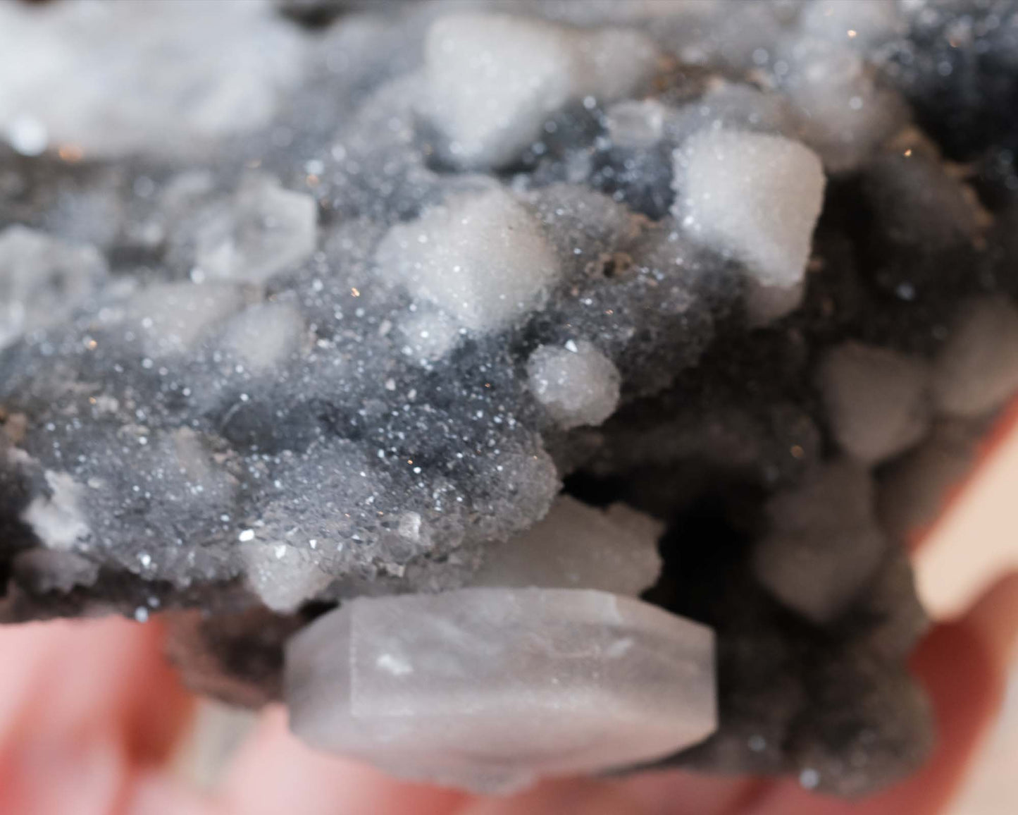 Fluorite & Calcite on Druzy Quartz Specimen